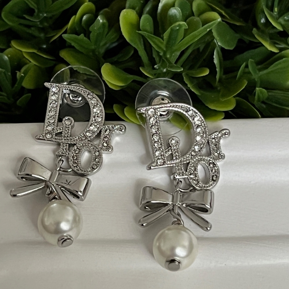 Dior Crystal and Pearl Bow Earrings